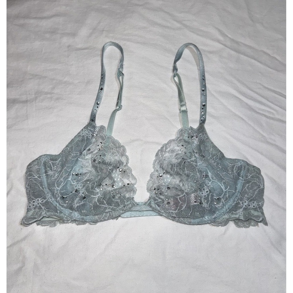 Rare Victoria's Secret Angels Unlined Plunge Bra 34B Light Blue Lace Rhinestone‎